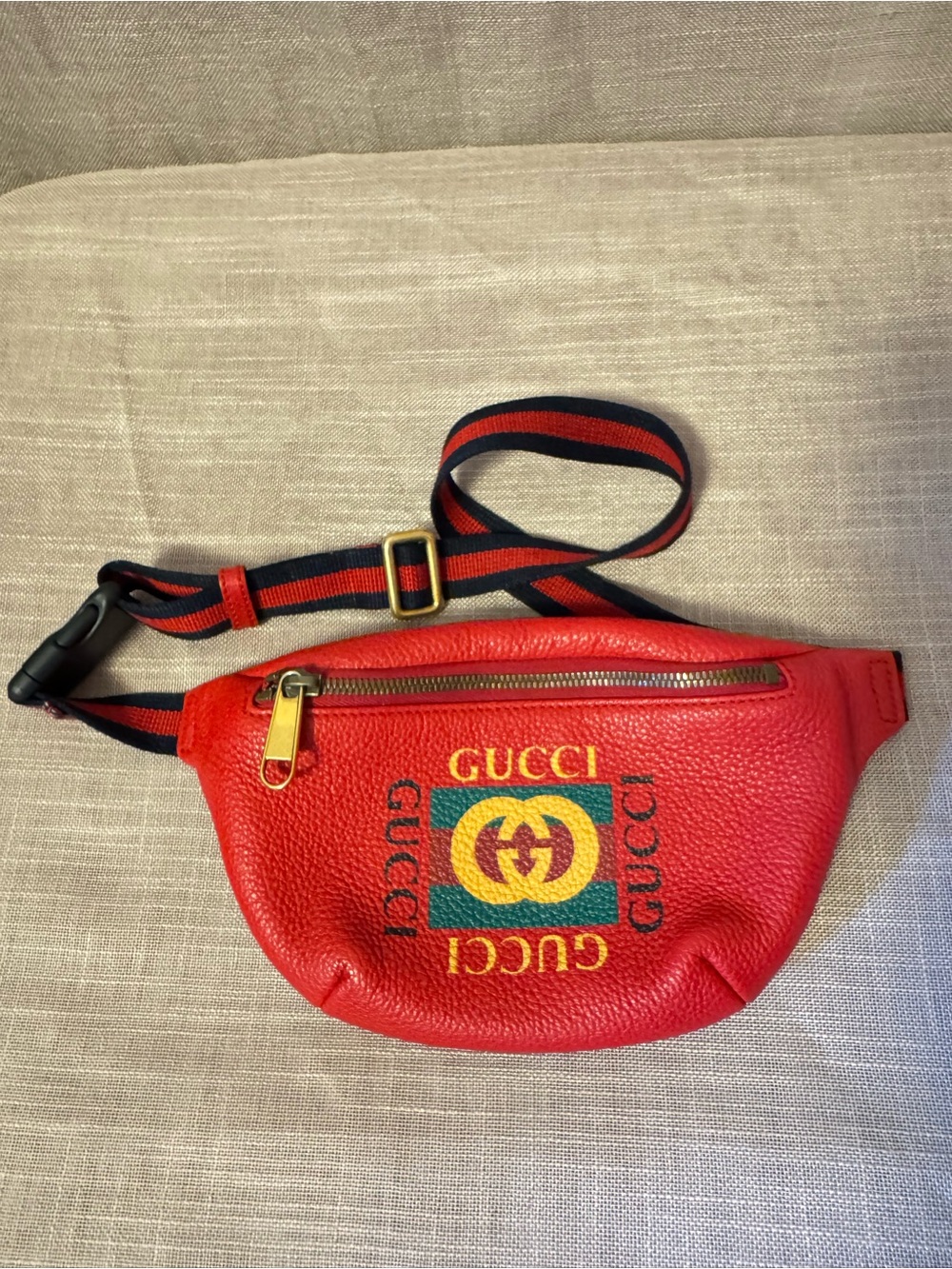 Gucci Red Leather Belt Bag with Green and Yellow Logo